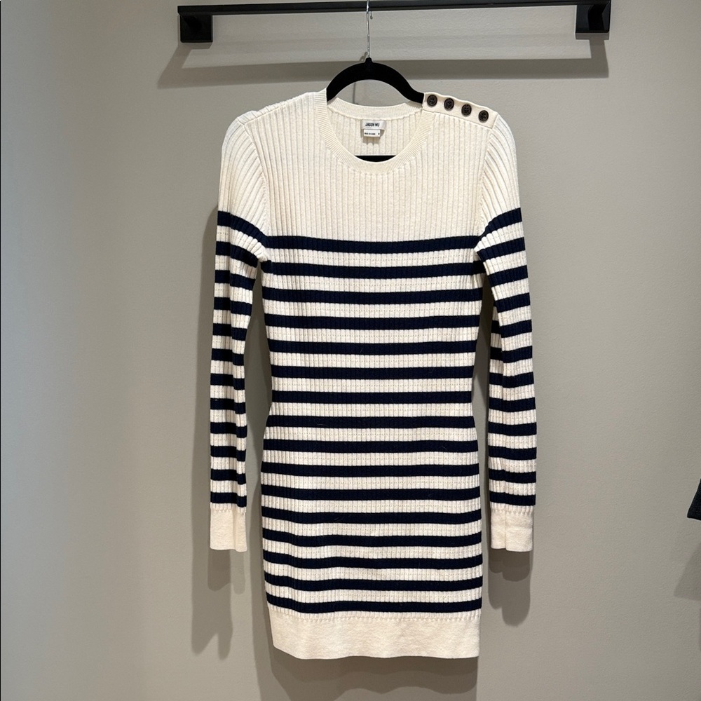 Jason Wu Cream and Navy Striped Long Sleeve Sweater Dress